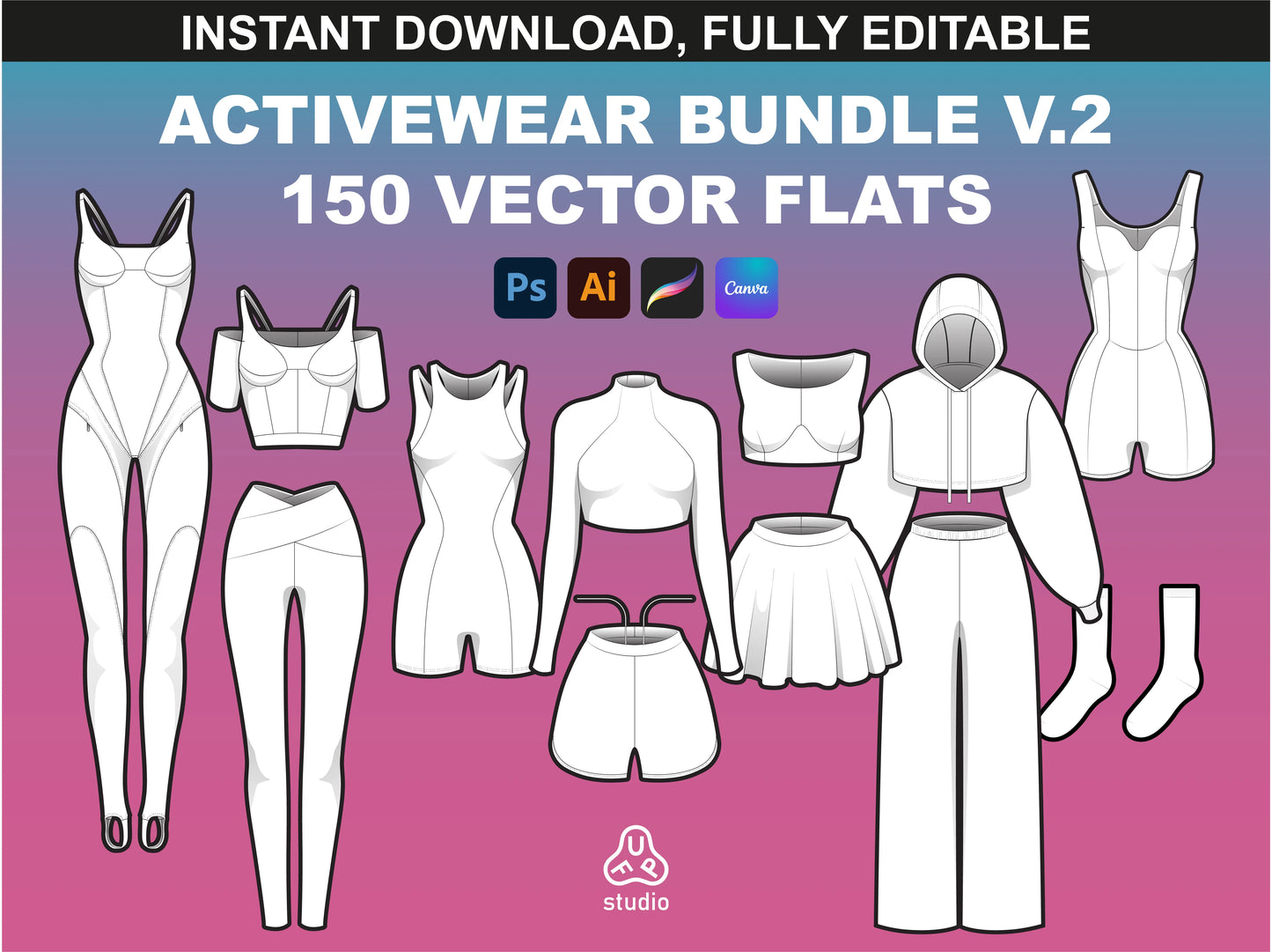 FUPstudio Activewear Mockups Bundle featuring 50 garment and 37 hardware vector flats, including leggings, hoodies and zipper