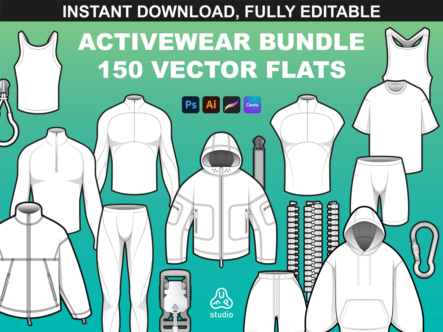 FUPstudio Male Activewear Mockups Bundle featuring 50 garment and 37 hardware vector flats, including hoodies and t-shirts.