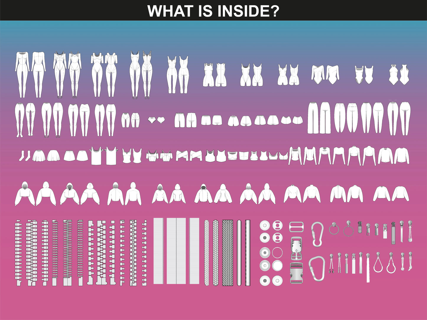 Overview of FUPstudio Activewear Mockups Bundle V.2 with 50 garment designs and 37 hardware mockups for activewear.