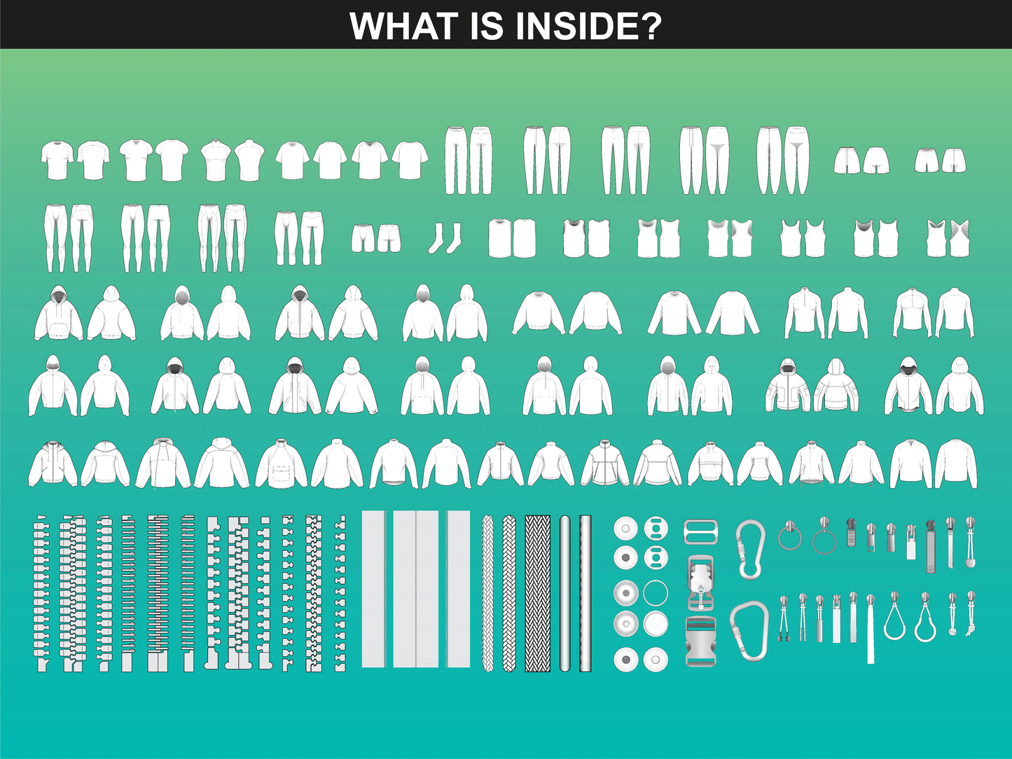 Overview of FUPstudio Male Activewear Mockups Bundle V.2 with 50 garment designs and 37 hardware mockups for menswear.