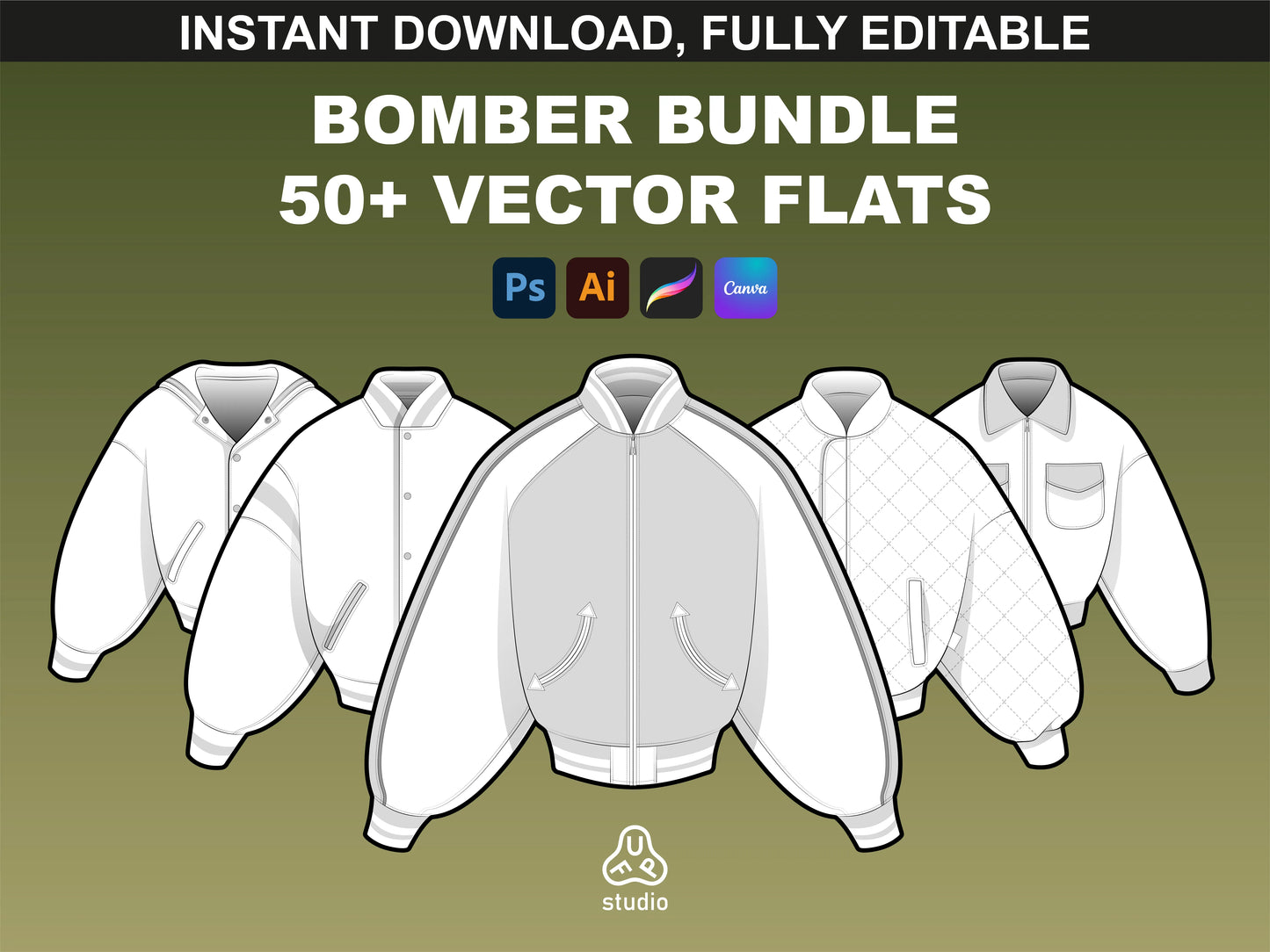 FUPstudio bomber mockups, vector flats collection of 5 technical drawings for fashion design