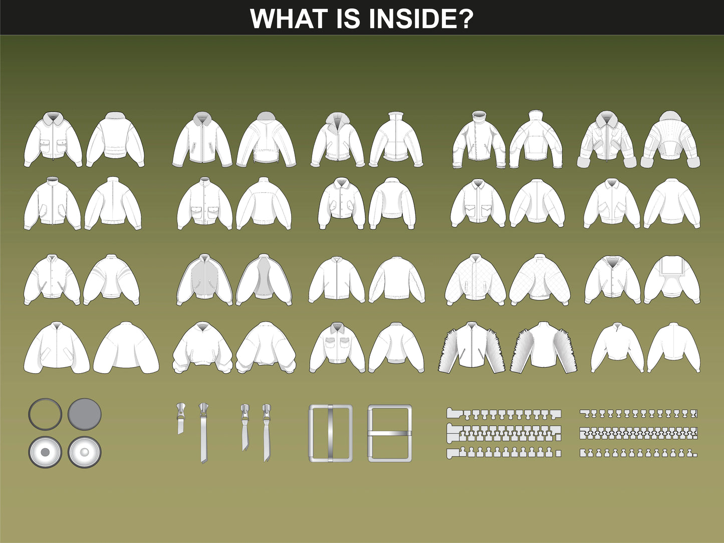 FUPstudio bomber mockups preview showing all jacket styles front and back for tech pack use
