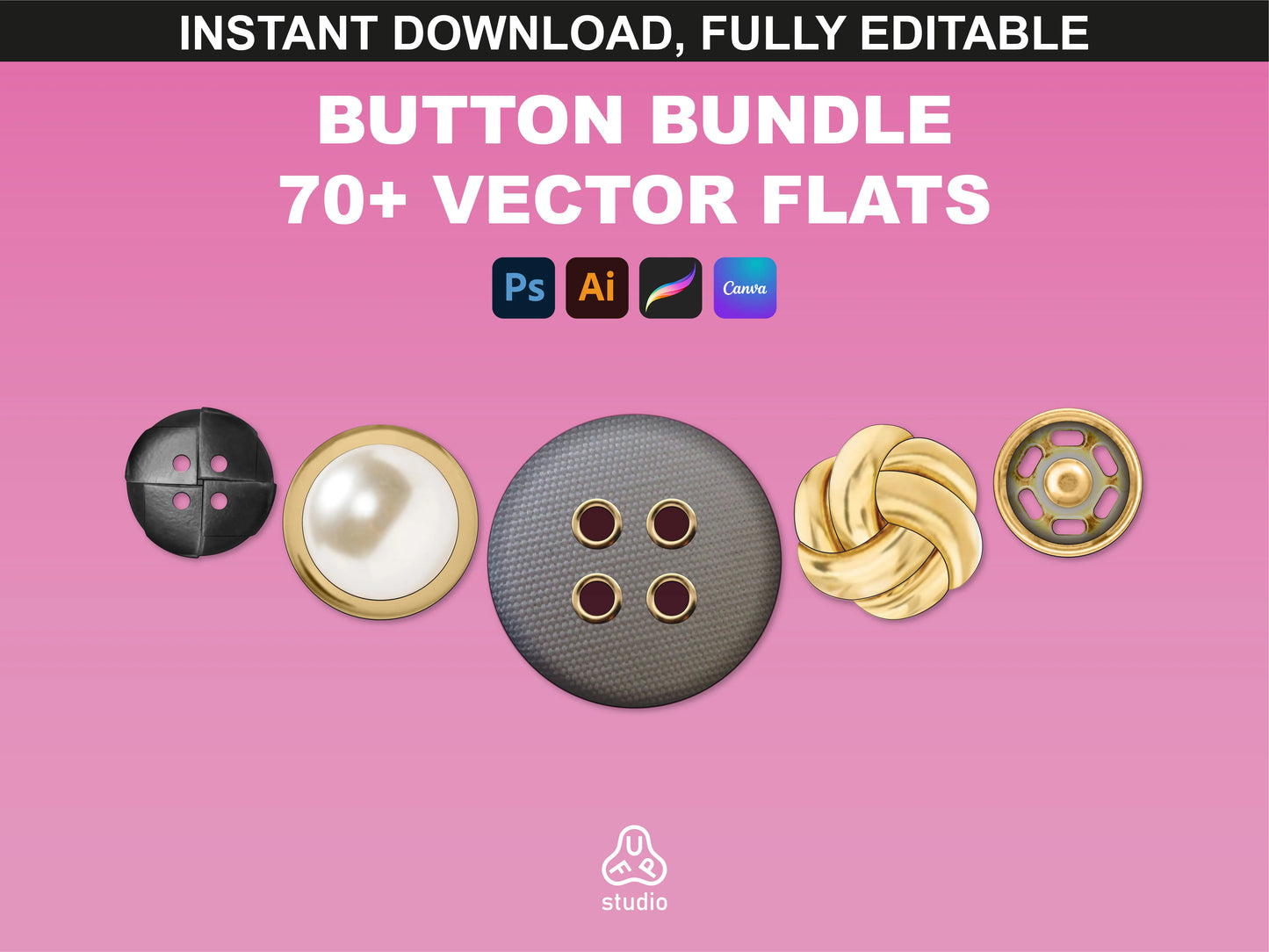 A digital display of detailed button mockups, including metallic and pearl button designs by FUPstudio.