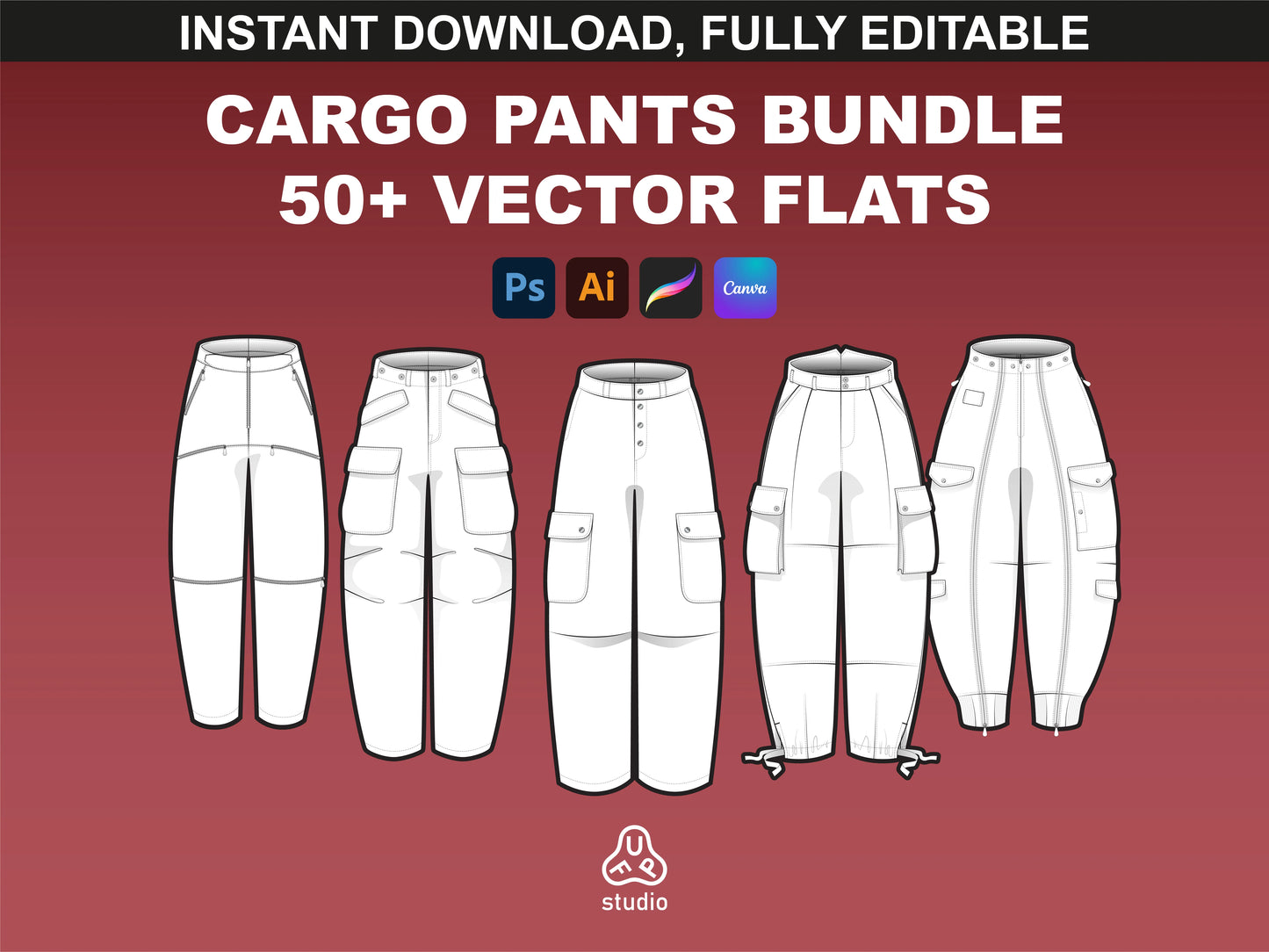 fupstudio Cargo Pants Mockups bundle cover image with 5 editable vector trousers in white technical flats