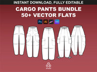 fupstudio Cargo Pants Mockups bundle cover image with 5 editable vector trousers in white technical flats