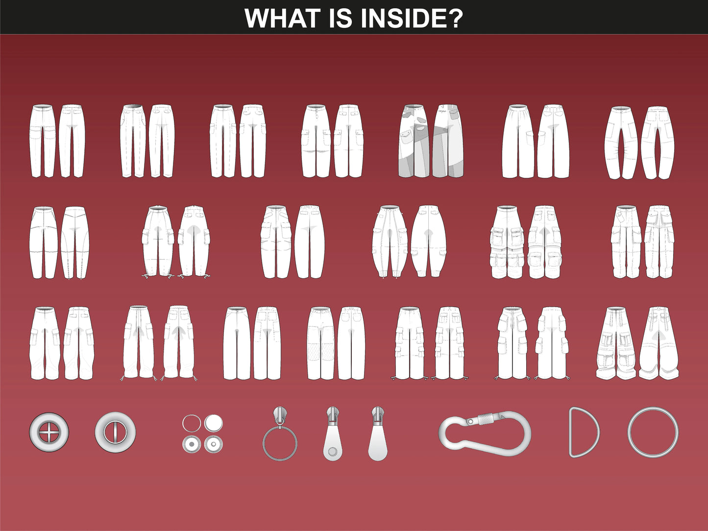 fupstudio Cargo Pants Mockups overview showing front and back vector flats and technical garment details