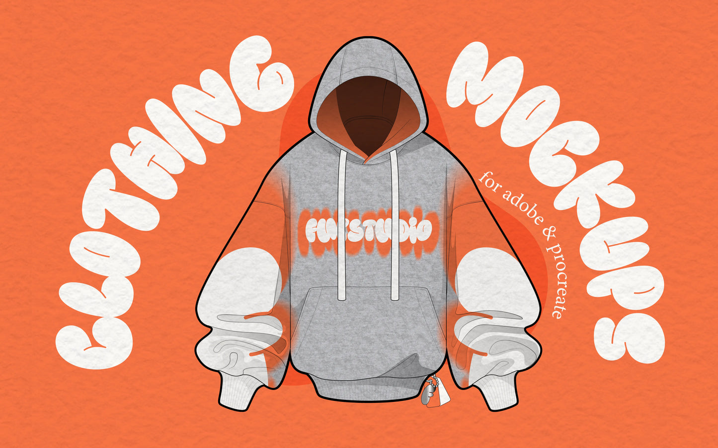 FUPstudio vector mockups collection cover showing a hoodie fashion flat, clothing mockups for Adobe Illustrator and Procreate, perfect for tech packs and streetwear design.