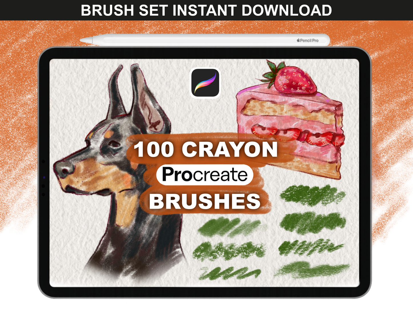 Crayon Procreate Brushes by FUPstudio, instant download brush set for iPad, textured crayon look, perfect for sketches, portraits, and cute illustrations.