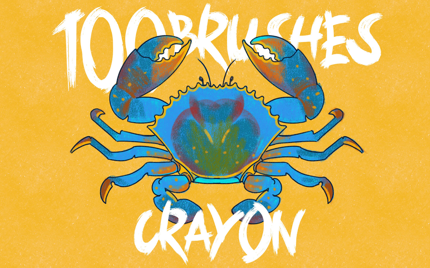 FUPstudio Procreate Crayon Brushes cover with 100 realistic crayon brushes showcased on a blue crab illustration