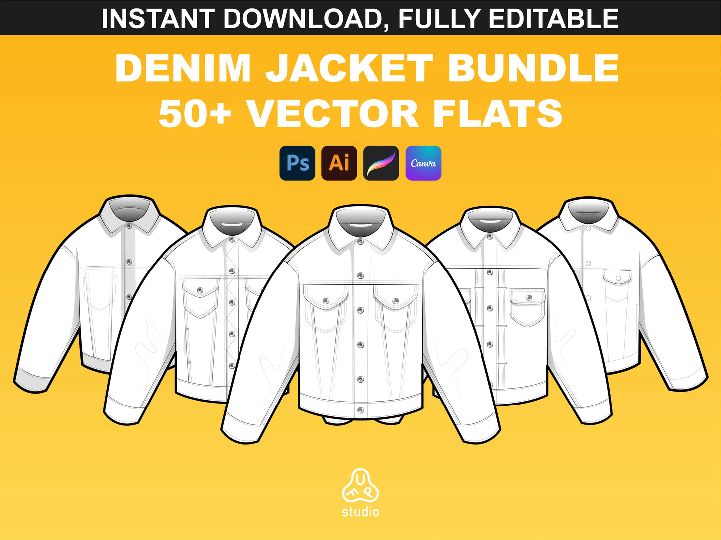Denim Jacket Mockups by FUPstudio, front view vector templates for Adobe Illustrator and Procreate
