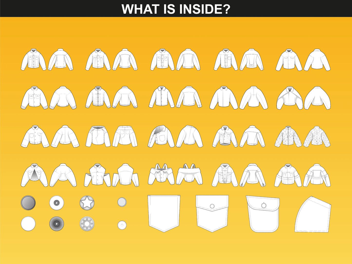 Back and front vector views of denim jackets, FUPstudio Denim Jacket Mockups for clothing designers