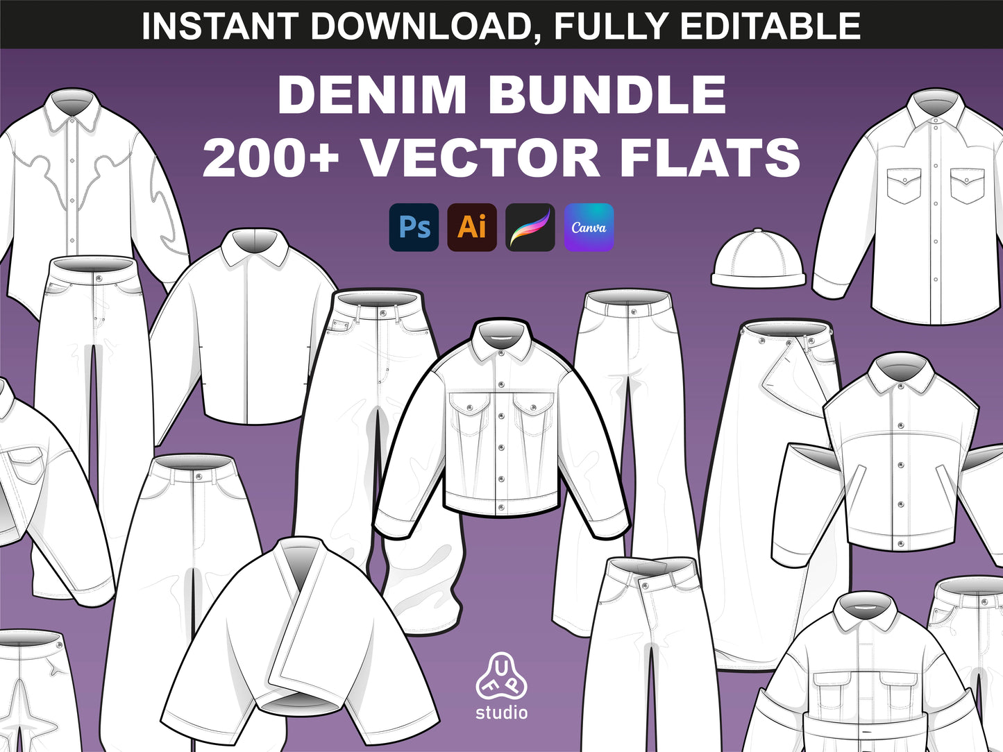 Denim Mockups Bundle by FUPstudio, over 200 vector flats including jeans, jackets, and more.