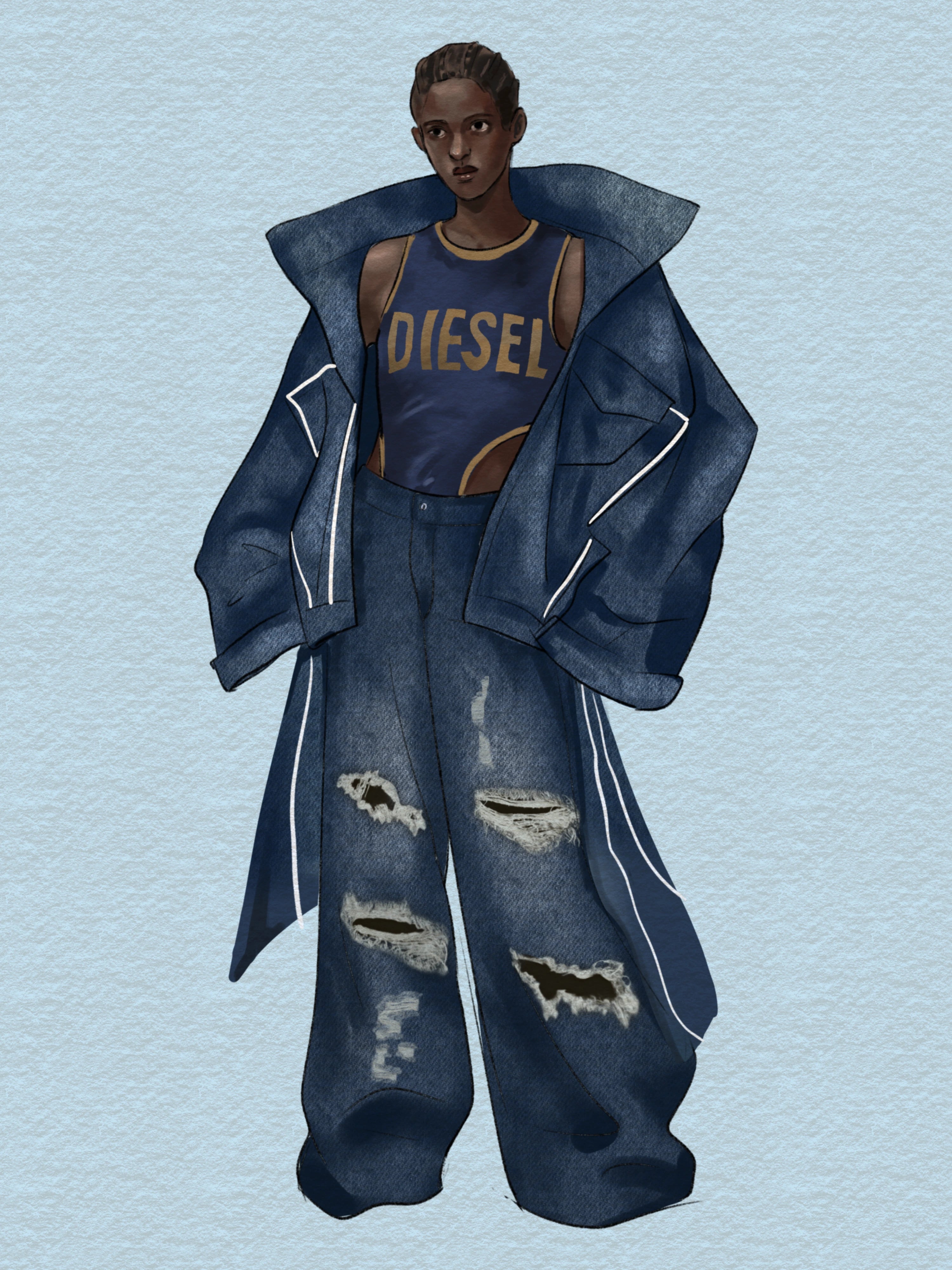 Fashion student practising garment detail rendering on Procreate using FUPstudio Details Bundle brushes