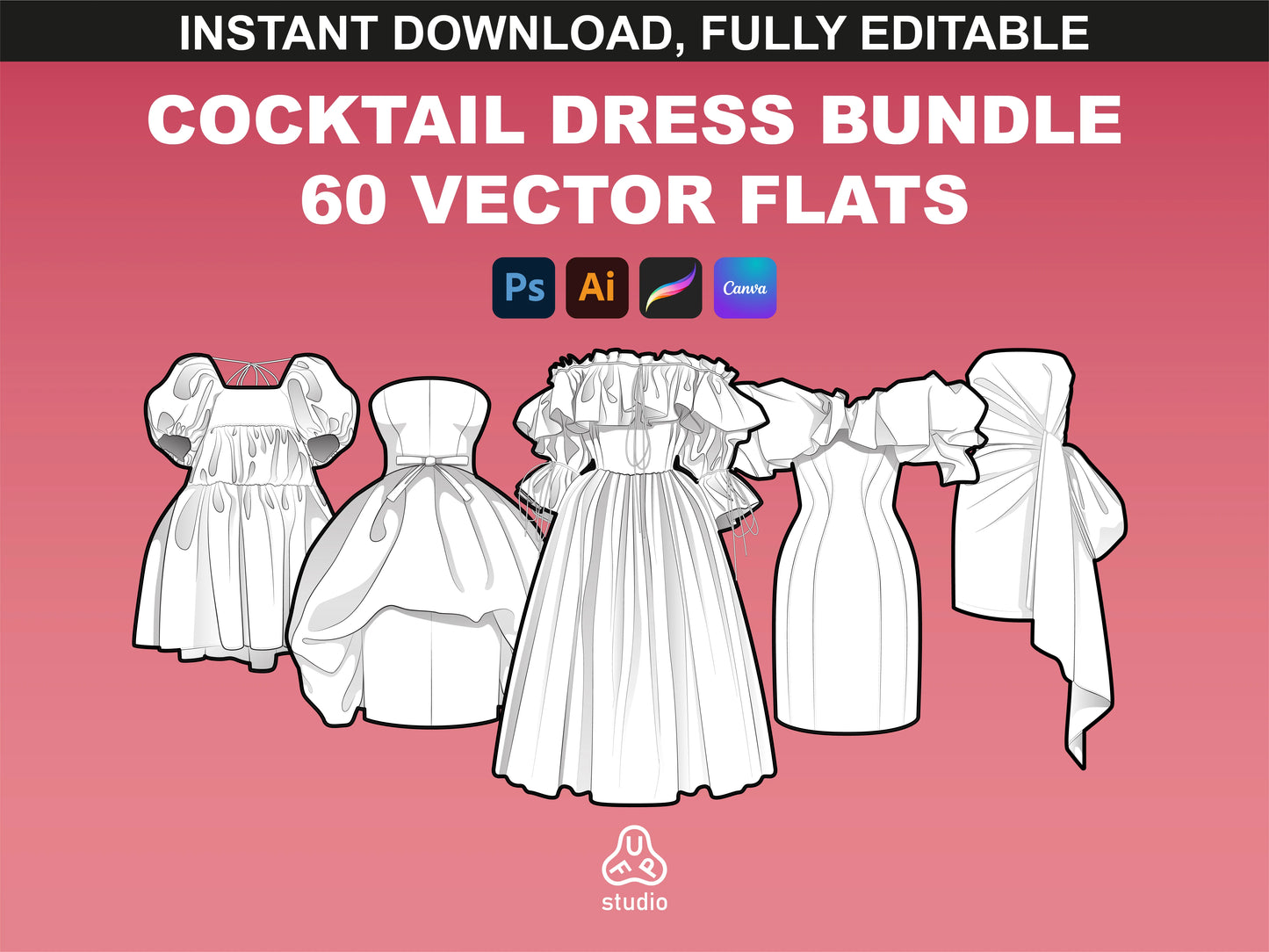 FUPstudio Dress Mockups - 60 vector flats for fashion designers, featuring editable cocktail dress designs.