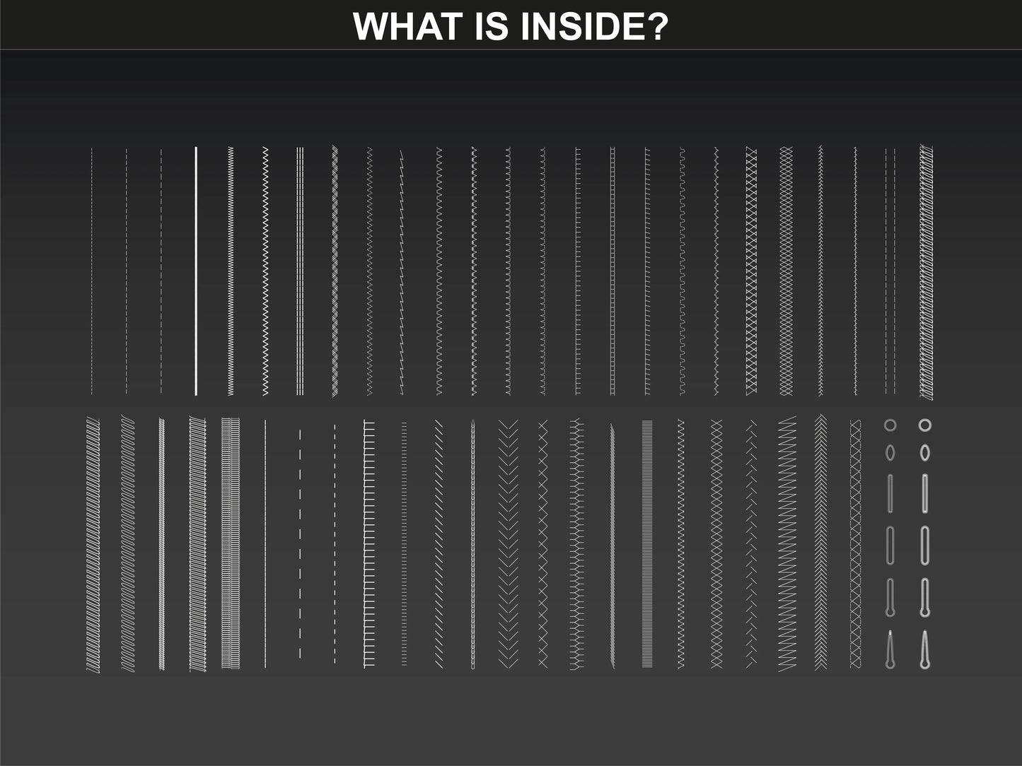 A collection of vector sewing stitch brushes from FUPstudio, featuring various technical stitches for garment detailing.