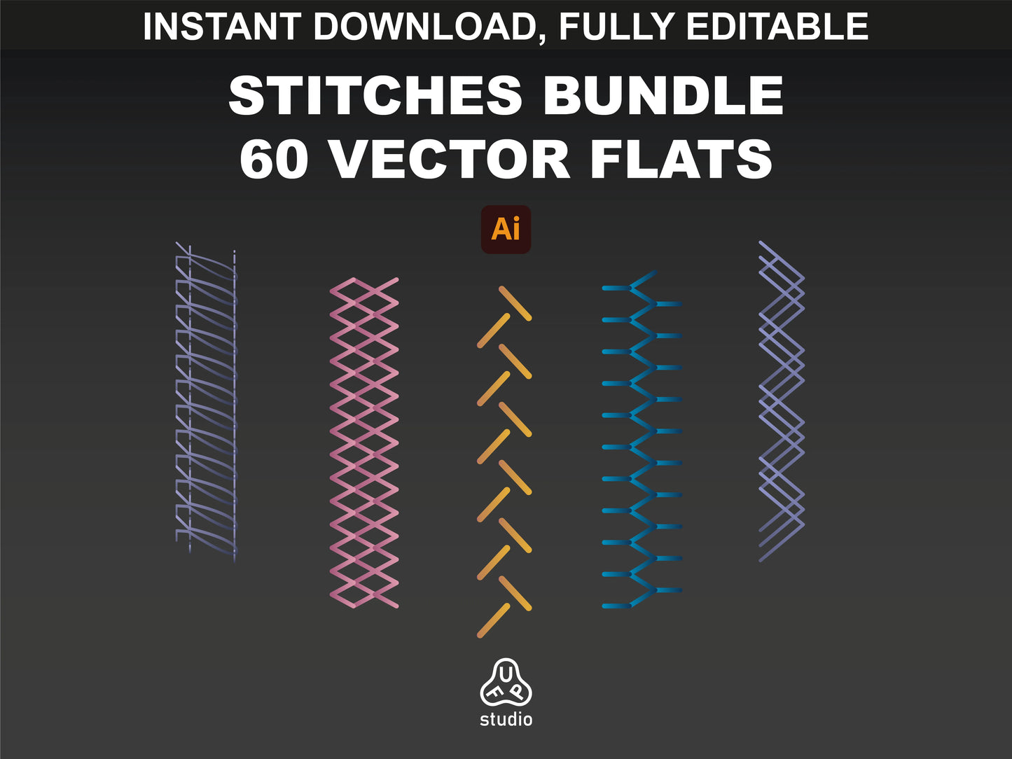 Stitches Brushes bundle cover image from FUPstudio, displaying a variety of vector stitch designs for fashion mockups.