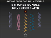 Stitches Brushes bundle cover image from FUPstudio, displaying a variety of vector stitch designs for fashion mockups.