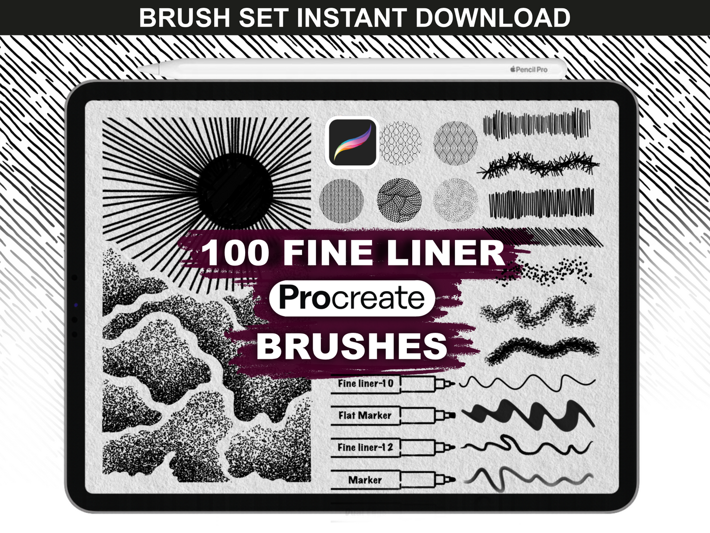 Digital artwork showcasing 100 Procreate Fine Liner Brushes with texture samples, line styles – FUPstudio