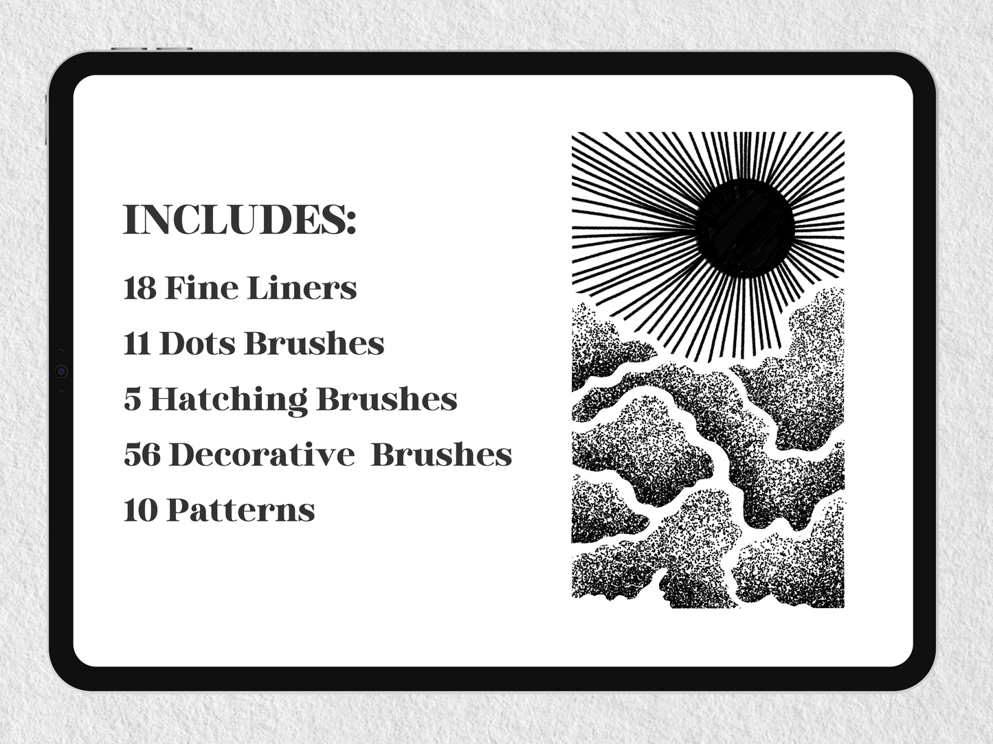 List of brush contents with illustration featuring sun rays and stippling clouds – Procreate Fine Liner Brushes by FUPstudio