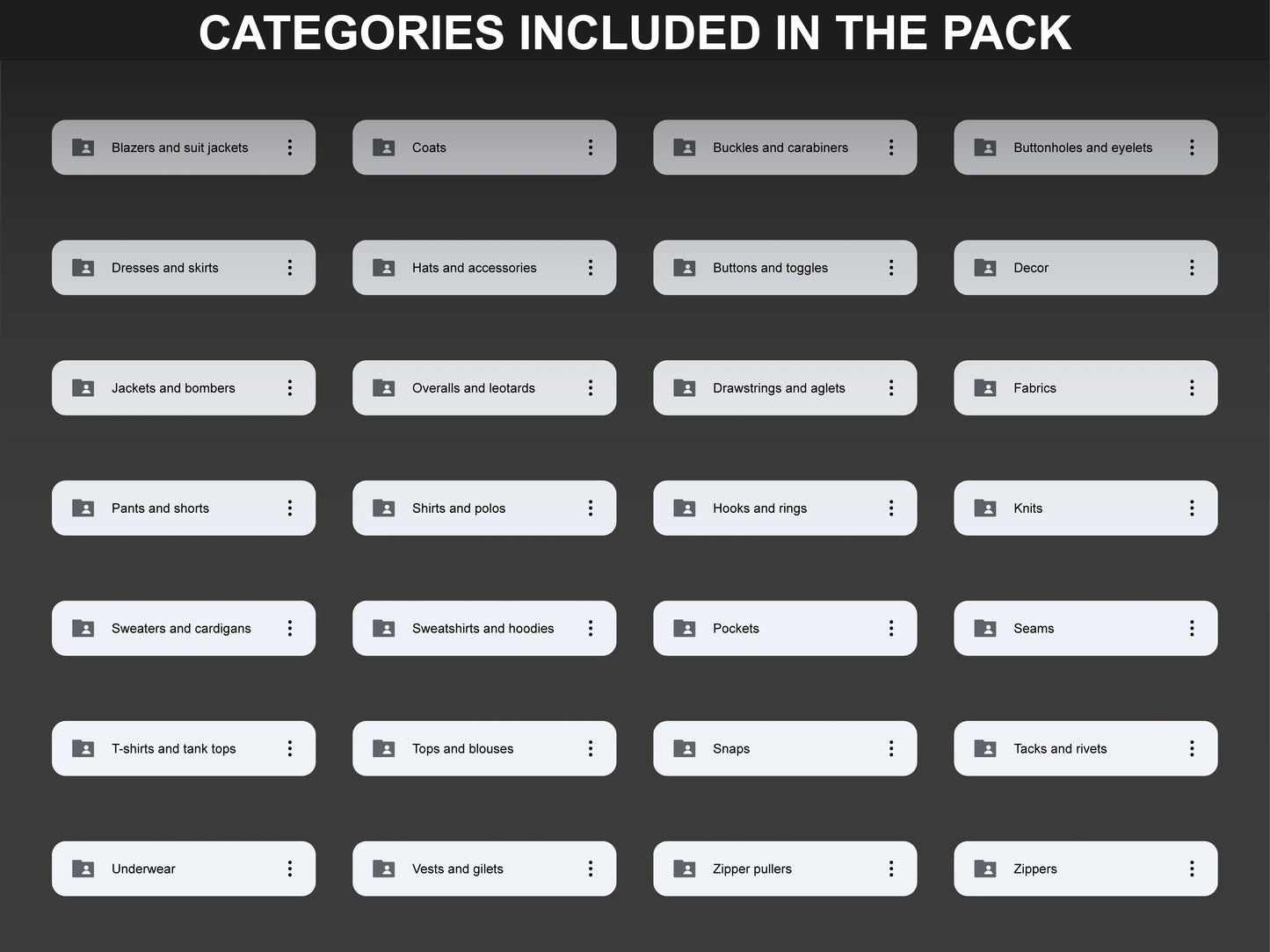 Grid of categories included in FUPstudio pack, garments, fabrics, zippers, pockets, accessories, organized library for clothing mockups and tech packs.