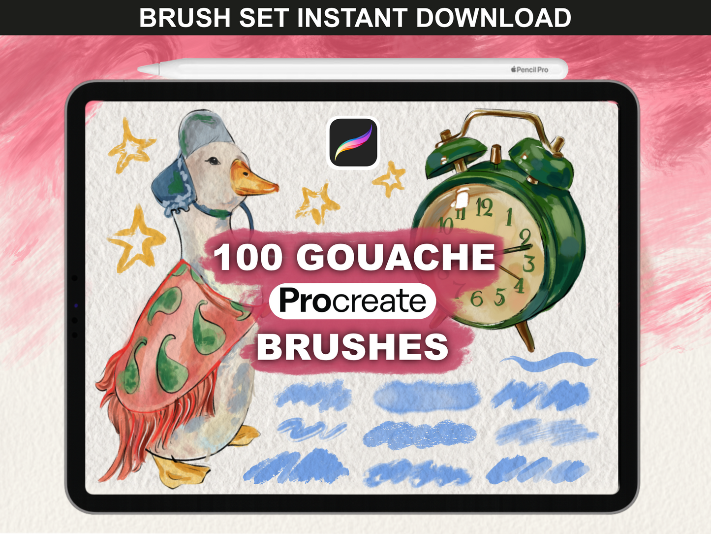 100 Procreate Gouache Brushes by FUPstudio, realistic gouache and digital watercolor brush set for Procreate on iPad, instant download.