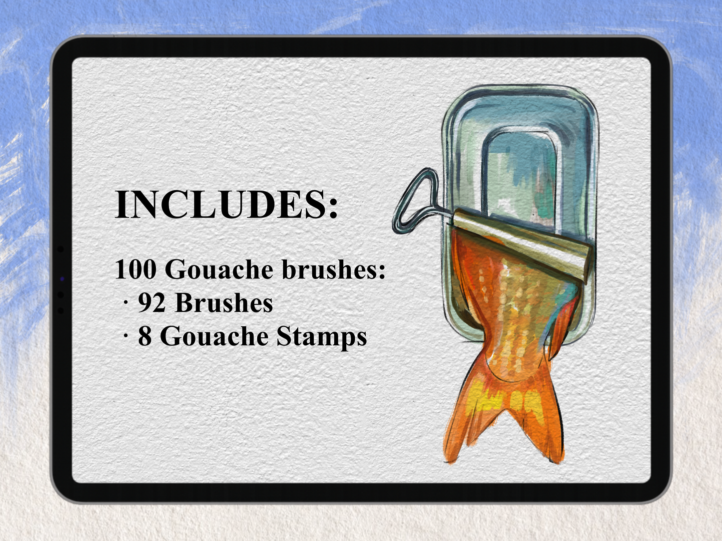 Procreate Gouache Brush Set by FUPstudio including 92 gouache brushes and 8 gouache stamps for realistic digital watercolor effects.