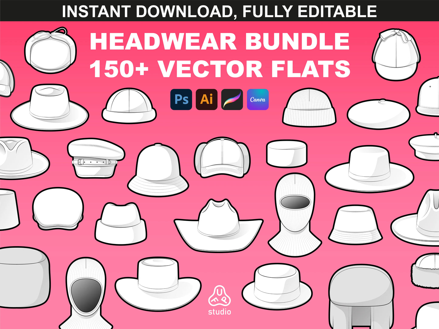 FUPstudio Hat Mockups collection cover showing vector hats for streetwear and fashion design