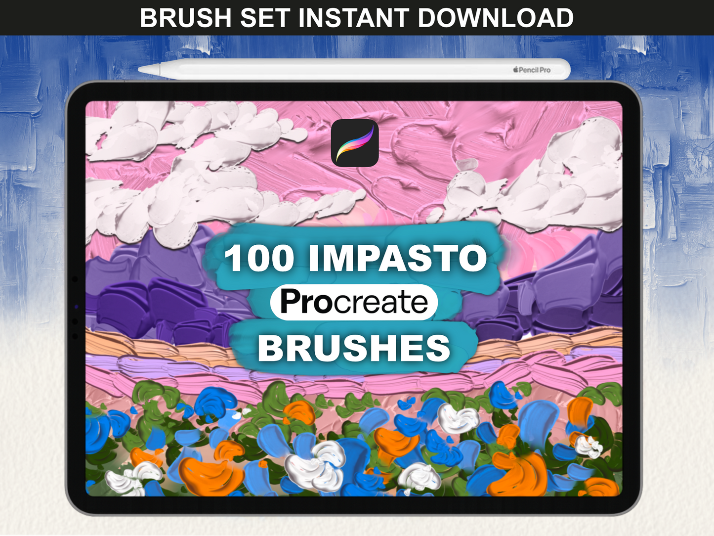 Impasto Procreate Brushes by FUPstudio, 100 brush set instant download, thick paint texture strokes and stamps on iPad