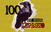 FUPstudio Procreate Impasto Brushes cover with 100 thick paint brushes and stamps showcased on a crow illustration