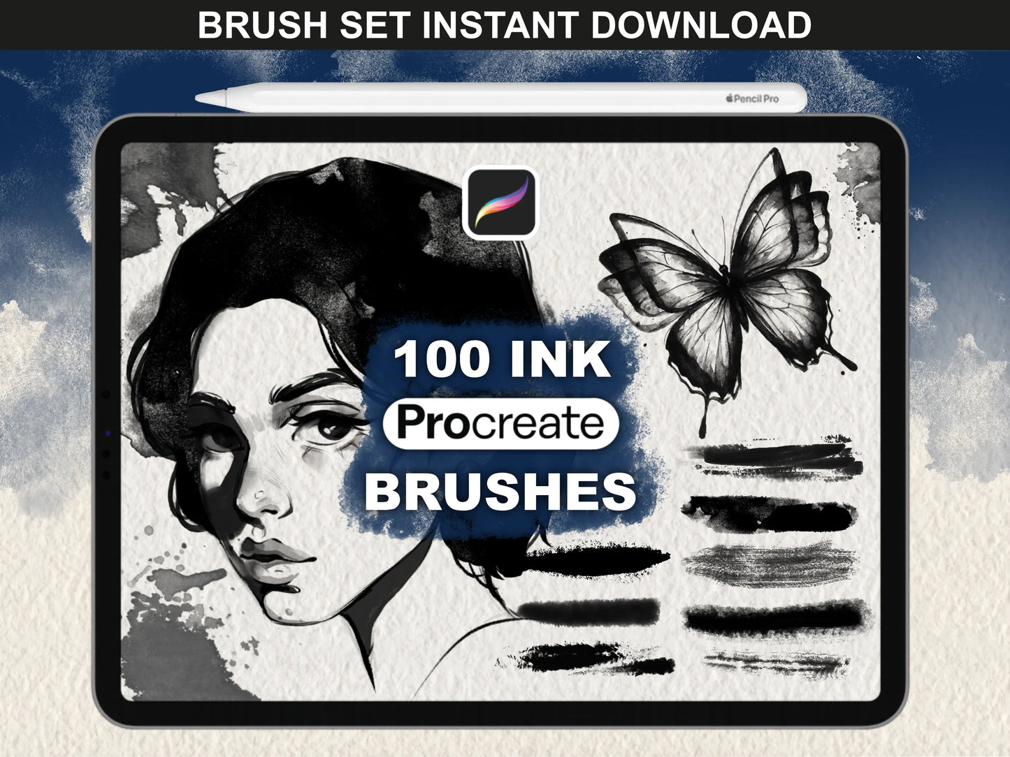 Ink Procreate Brushes by FUPstudio, 100 brush set instant download for iPad, realistic ink strokes, portrait sketch and butterfly illustration preview.