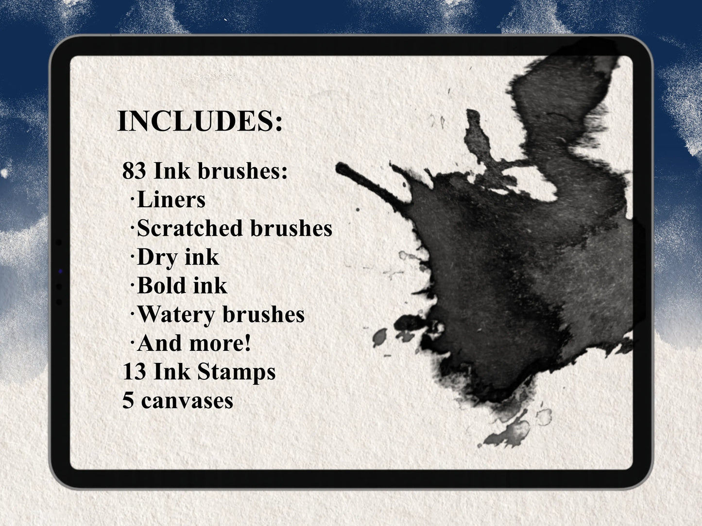 Ink Procreate Brushes set by FUPstudio including 83 ink brushes, 13 ink stamps and 5 paper canvases for Procreate on iPad.