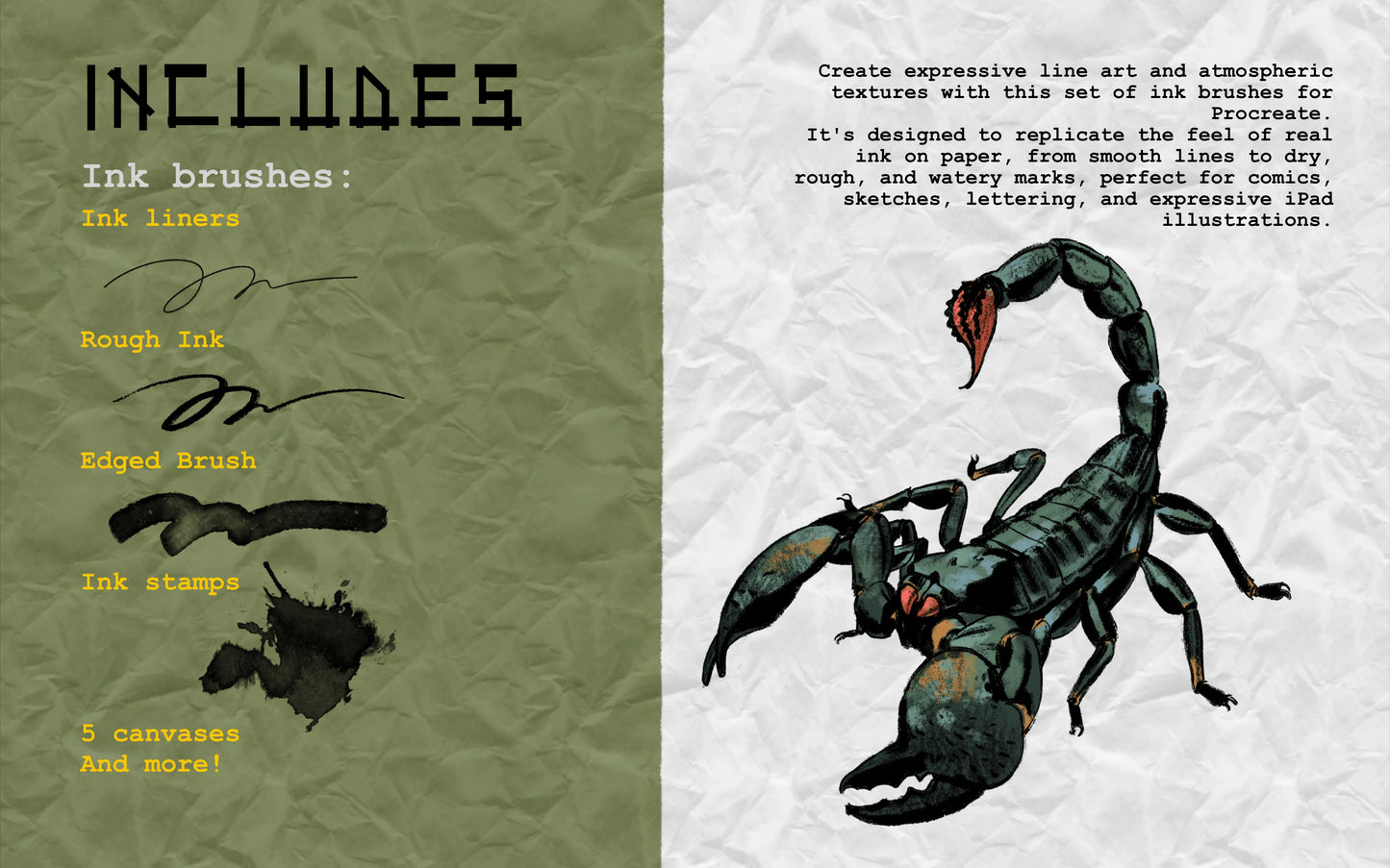 Overview of FUPstudio Procreate Ink Brushes including realistic brushes, refiners and stamps with a scorpion illustration