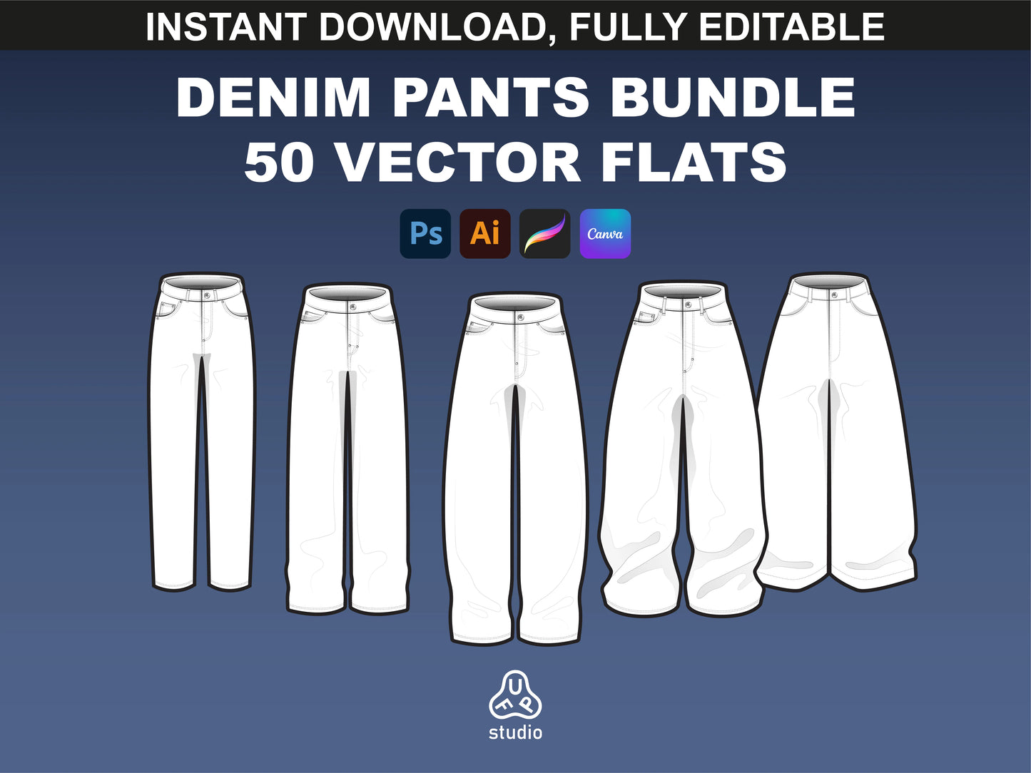 fupstudio denim pants mockups preview cover with 5 editable jeans flats for Illustrator and Procreate