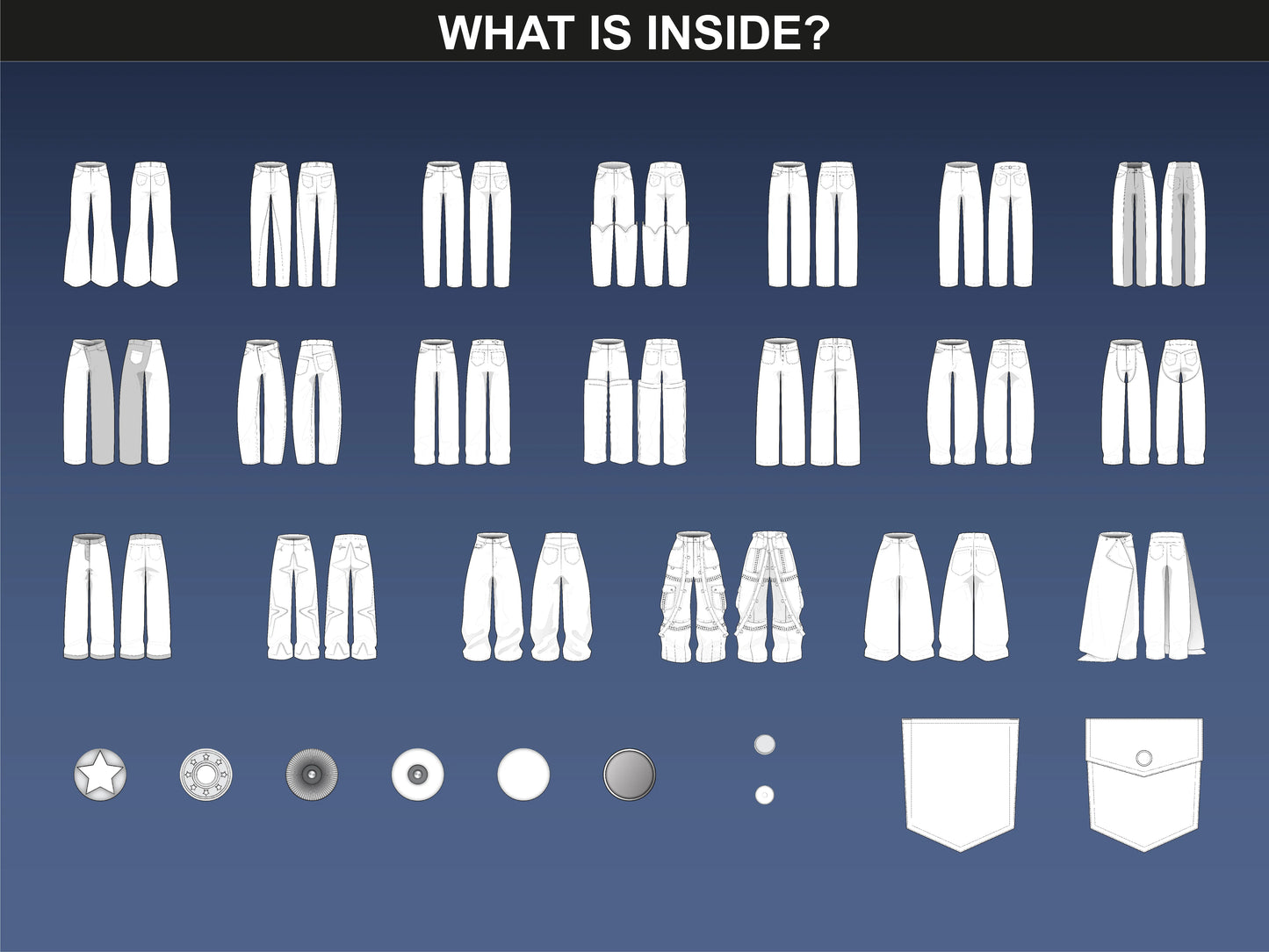 fupstudio denim pants mockups bundle full overview with front and back flats and jean hardware details