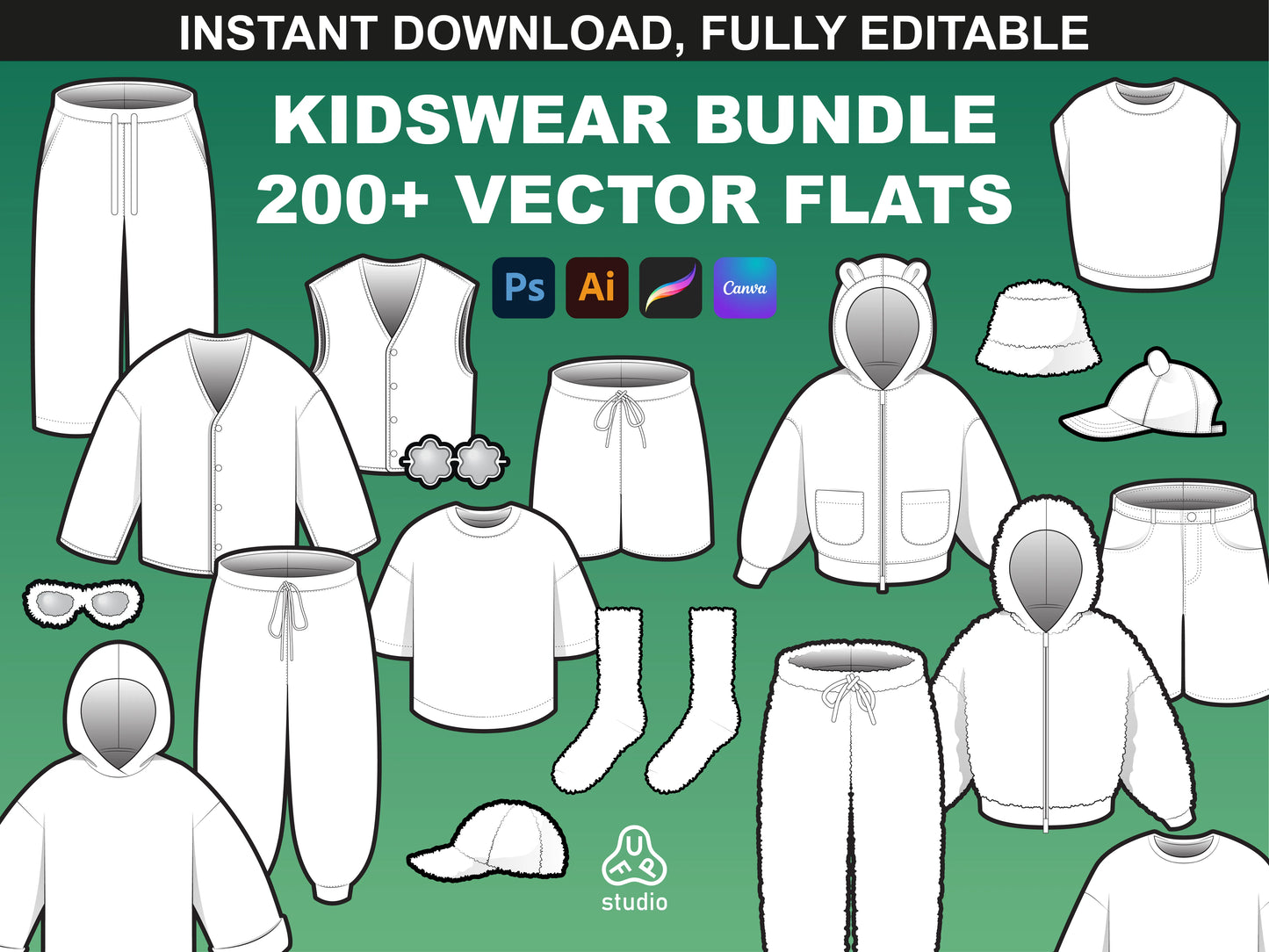 Fupstudio Kidswear Mockups bundle cover showing 200+ vector flats for kids clothing design and tech packs