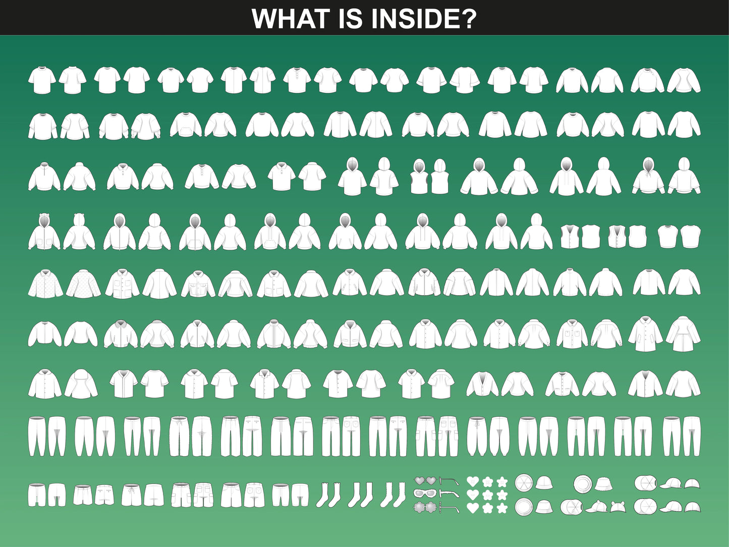 Overview of all vector flats included in fupstudio Kidswear Mockups bundle for fashion designers and brands