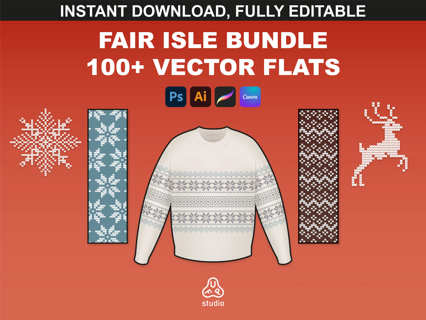 Vector Fair Isle sweater mockups by FUPstudio, ideal for Procreate, Photoshop, and Canva users.