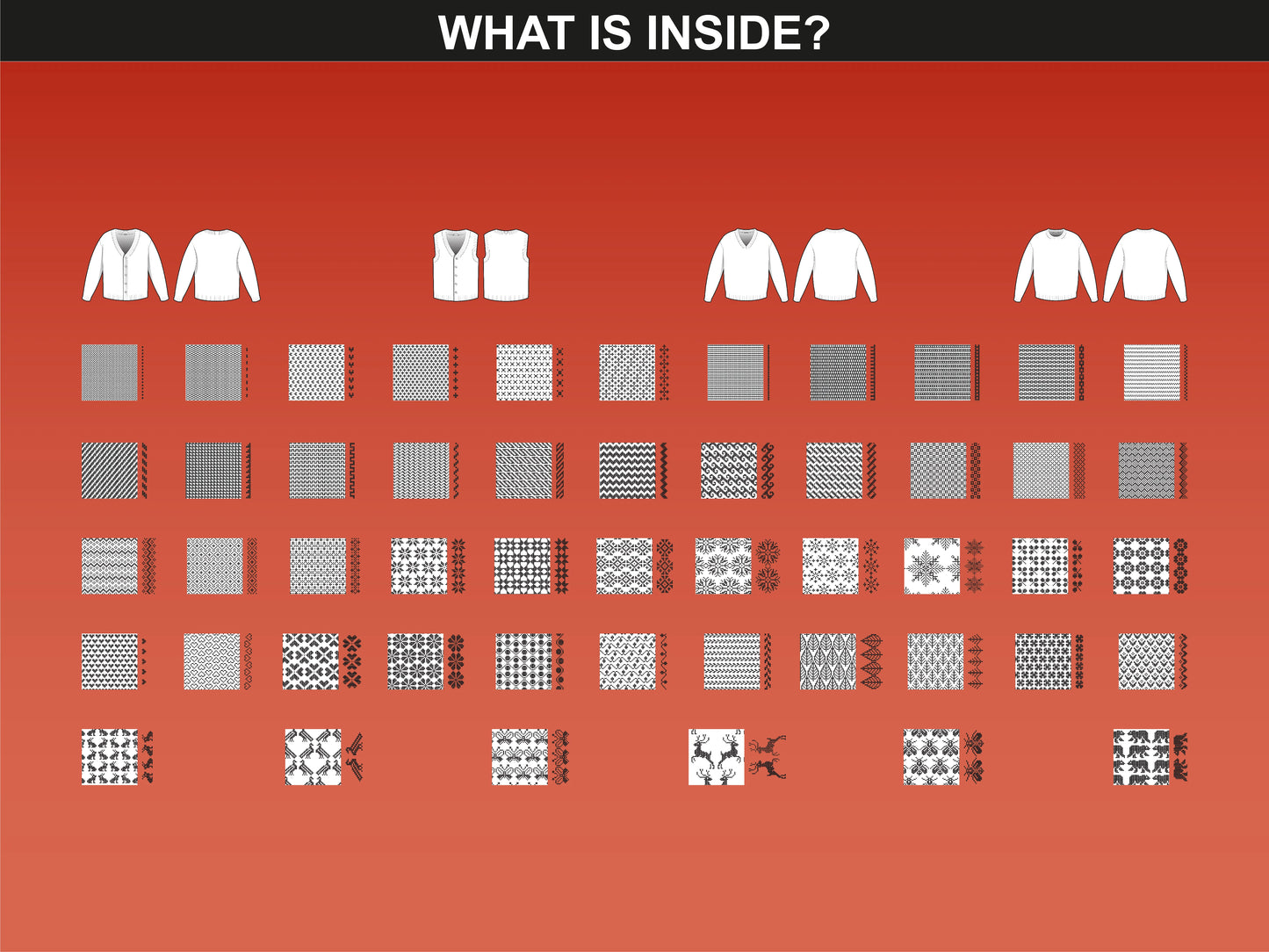 Preview of included Fair Isle sweater and pattern designs from the FUPstudio Fair Isle Mockups Bundle.