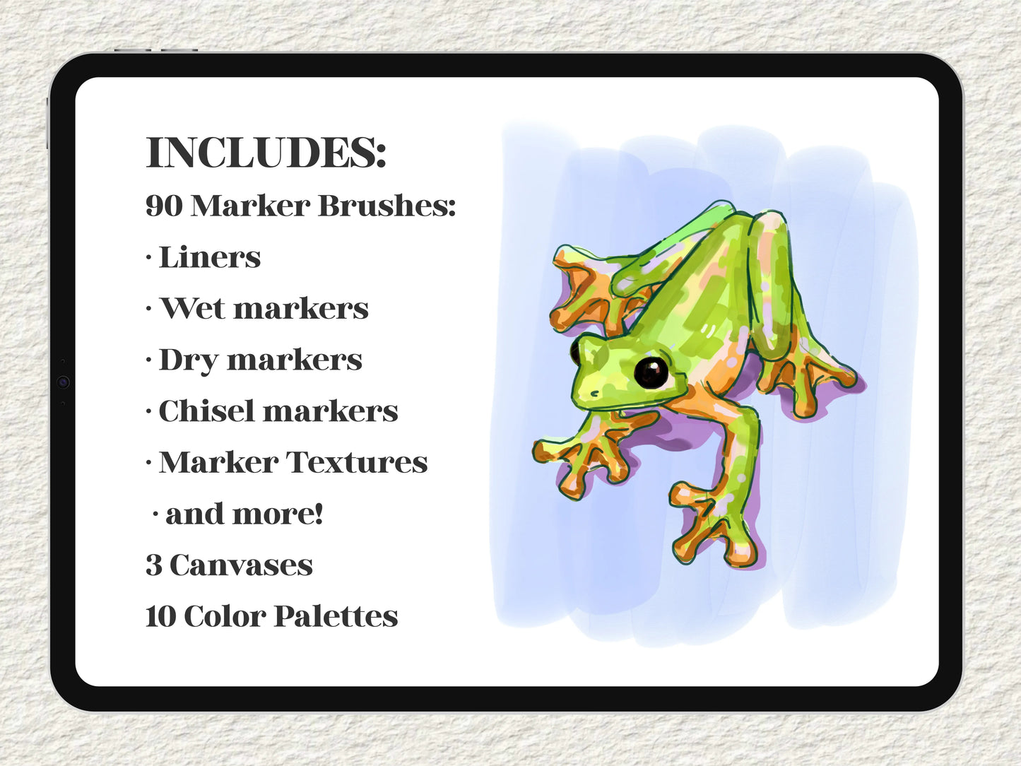 FUPstudio Procreate Alcohol Marker Bundle preview showing green frog illustration and brush types included