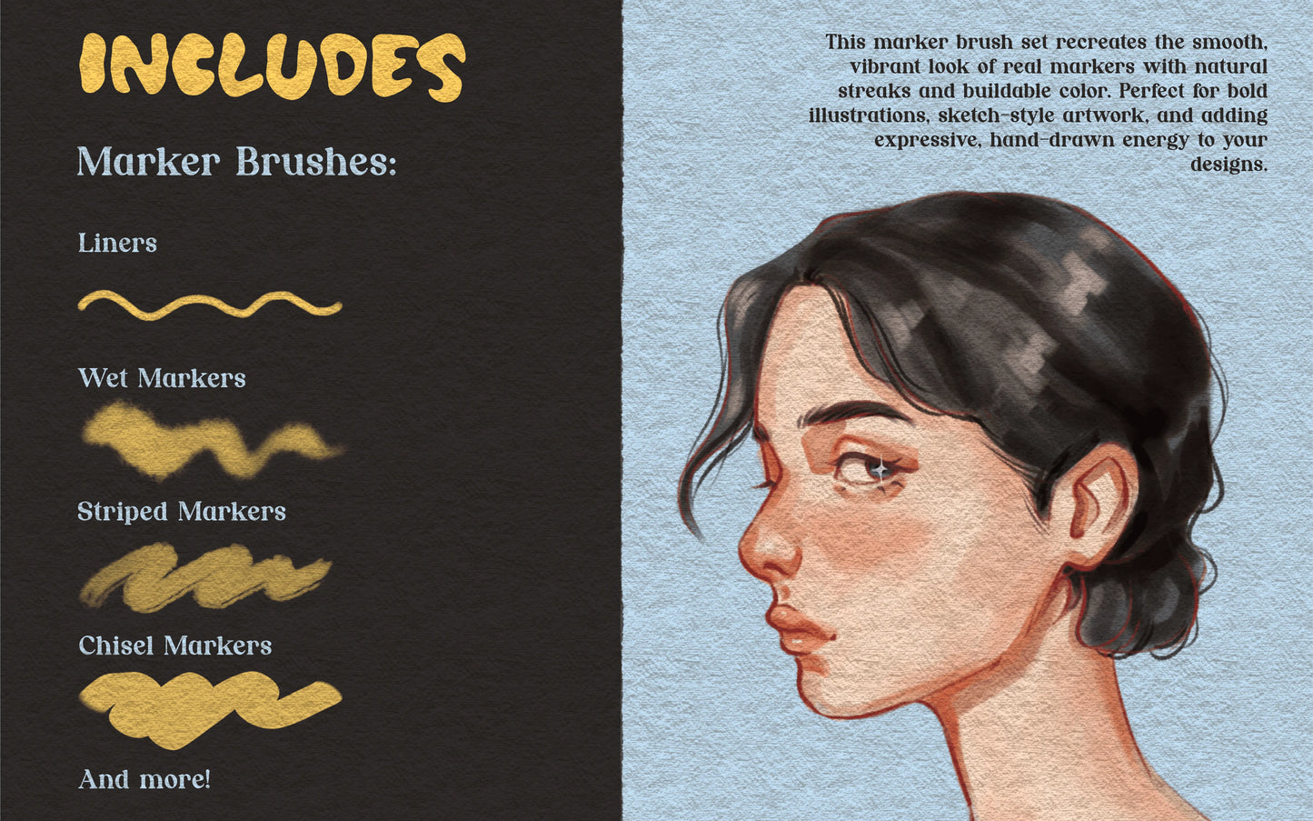 Overview of FUPstudio Procreate Marker Brushes including liners, thick markers, thin markers and sketch markers with a portrait illustration