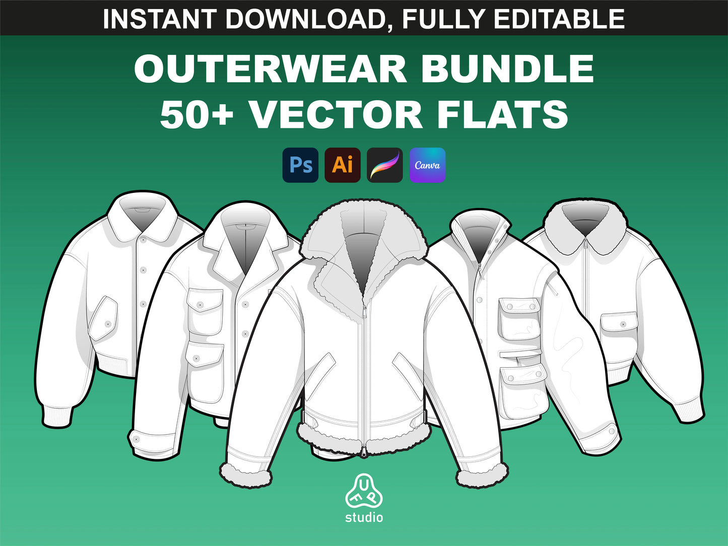 FUPstudio Men's Outerwear Mockups Bundle featuring 50+ vector flats of jackets and coats for fashion designers.
