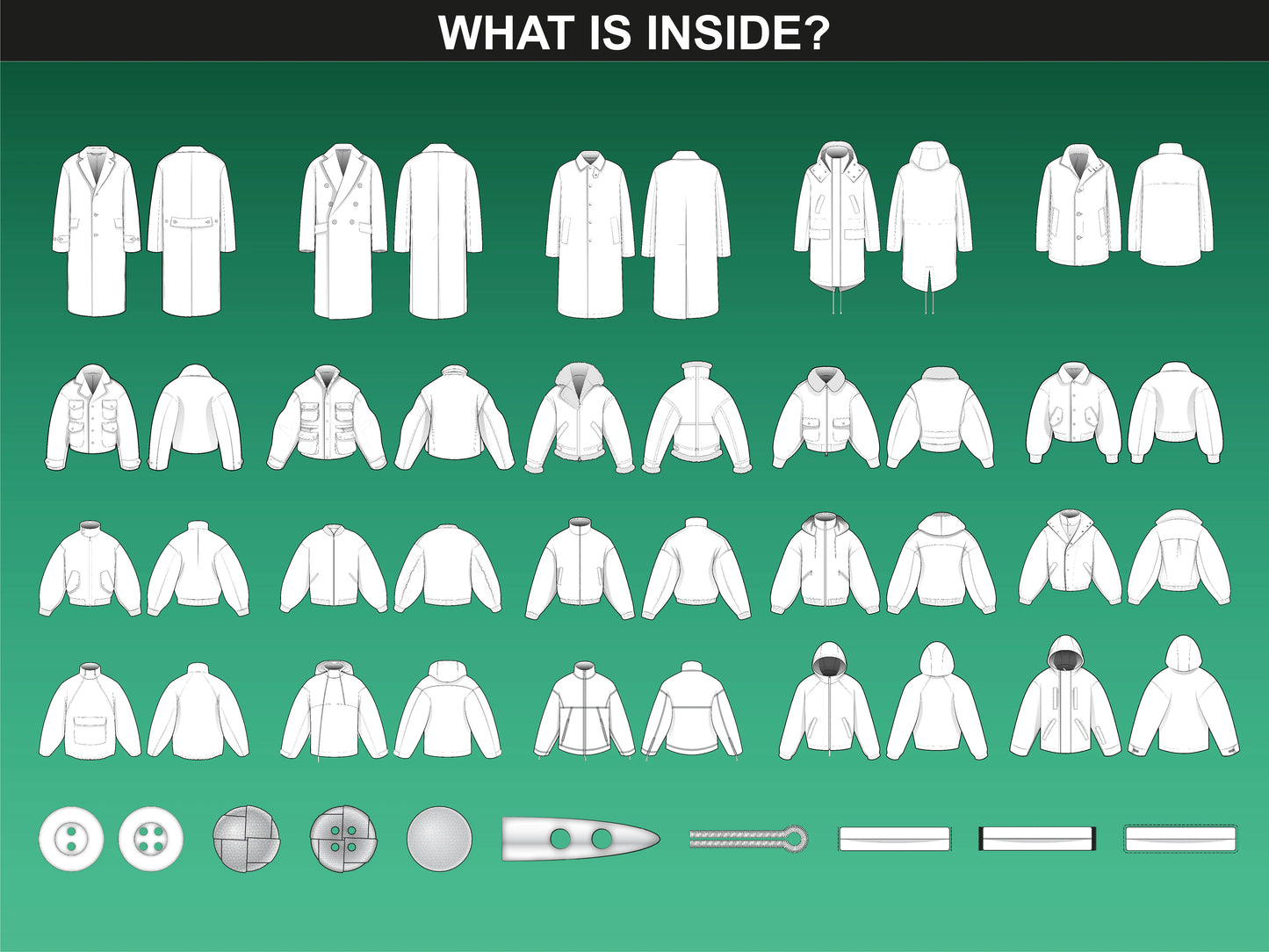 Preview of what’s inside FUPstudio Men's Outerwear Mockups Bundle, featuring various coat and jacket vector mockups.