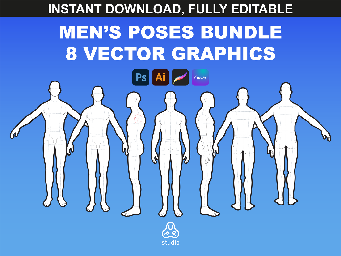 Men’s Poses vector bundle by FUPstudio featuring 8 fully editable male figure templates for fashion design.