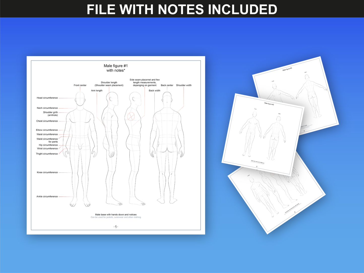 Technical notes and measurement guides included in the Men’s Poses vector bundle by FUPstudio for accurate fashion sketching.