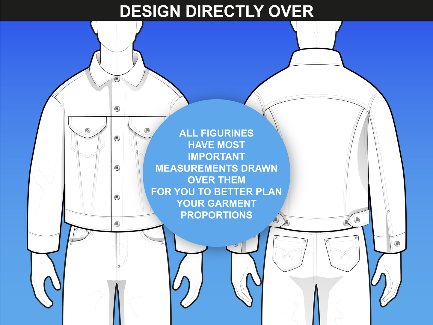 Front and back views of a male fashion template from the Men’s Poses bundle by FUPstudio, for precise garment proportions.