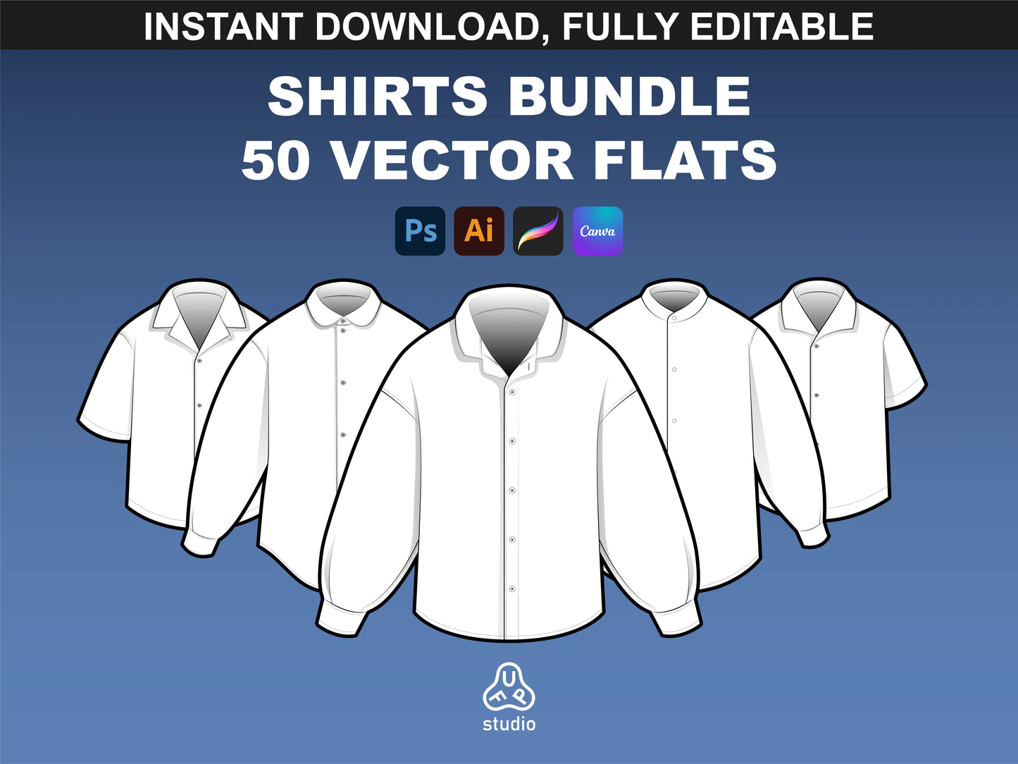 Instant download: FUPstudio Shirts Mockups bundle with 50+ vector flats. Fully editable in Photoshop, Illustrator, and Canva.