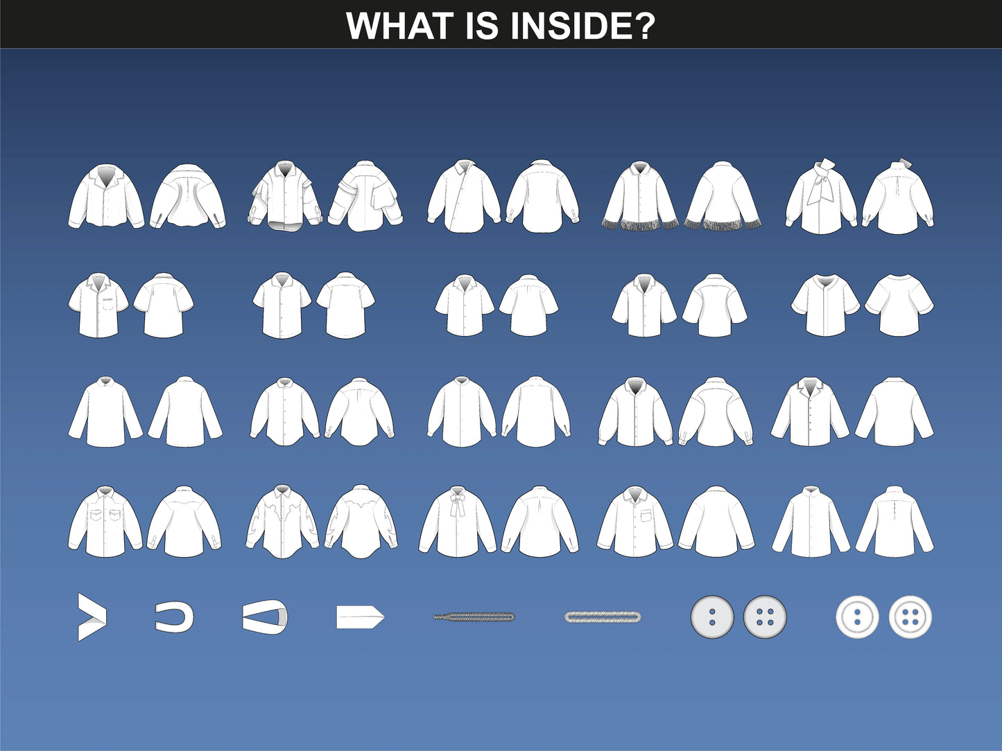 Inside the FUPstudio Shirts Mockups bundle. Over 50 vector flats featuring various shirt designs and garment details.