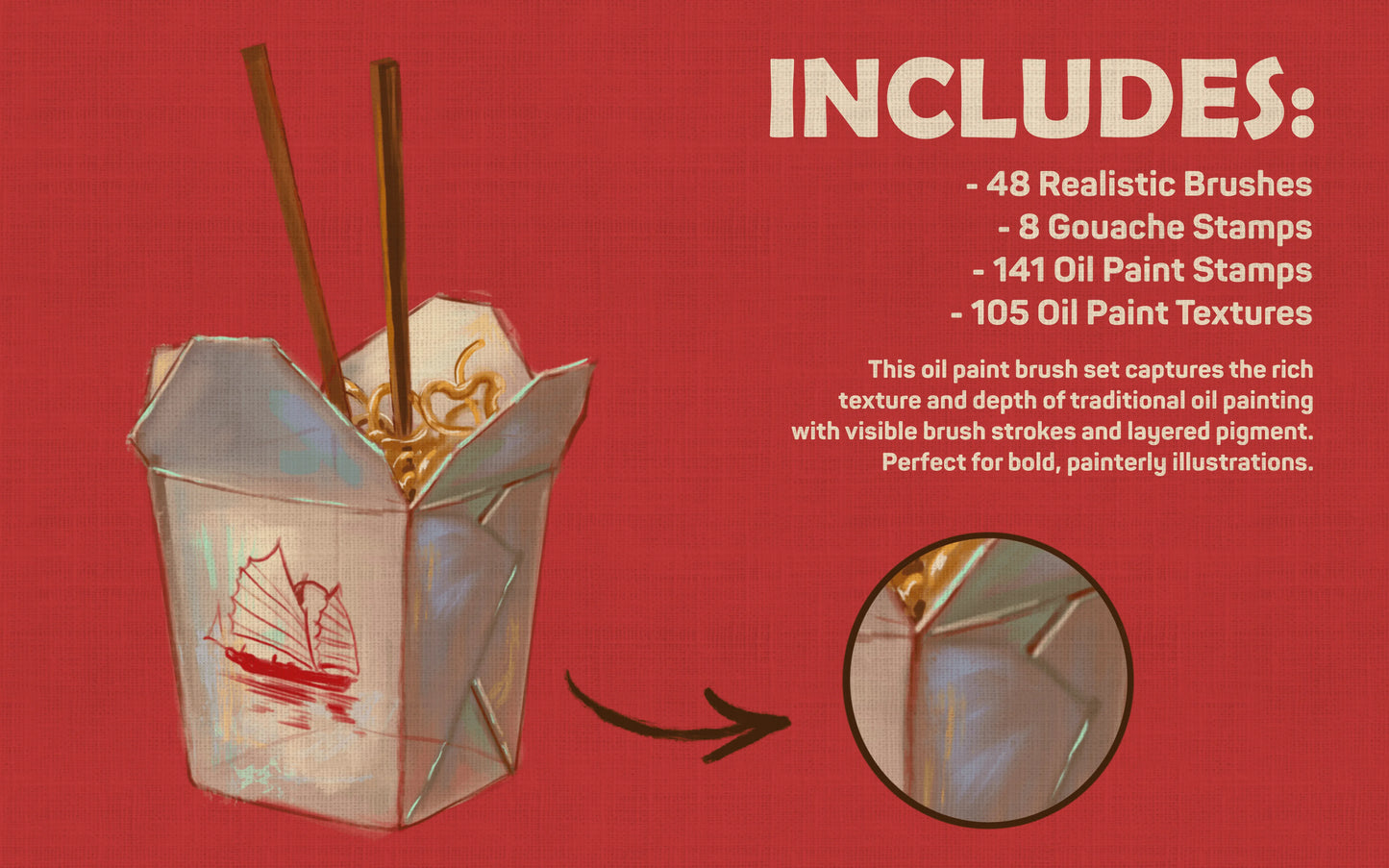 Overview of FUPstudio Procreate Oil Paint Brushes including realistic brushes, gouache stamps, oil paint stamps and canvas textures with a noodle bowl illustration