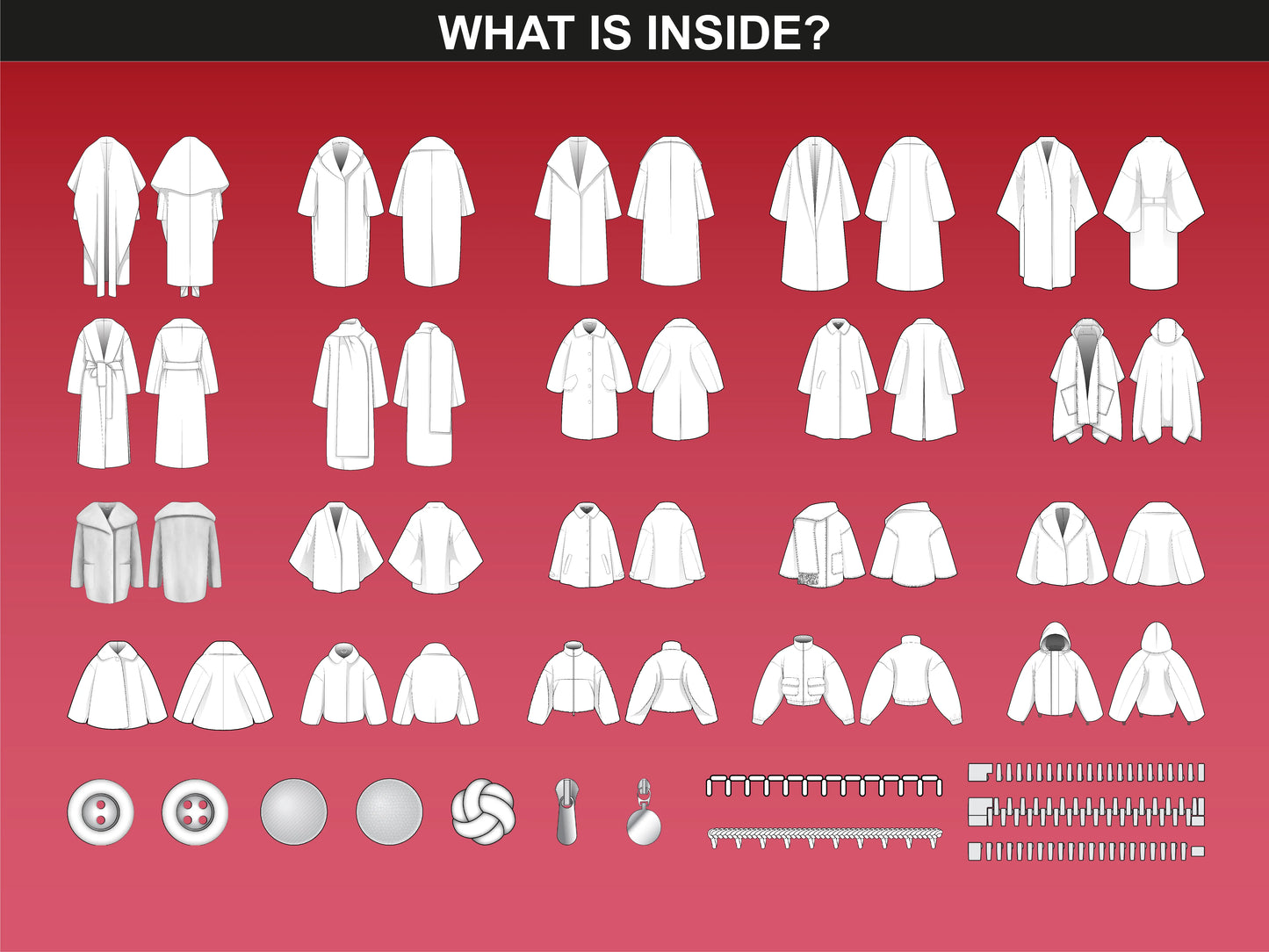 Inside look of FUPstudio Outerwear Mockups V2 with coats, jackets and zip components