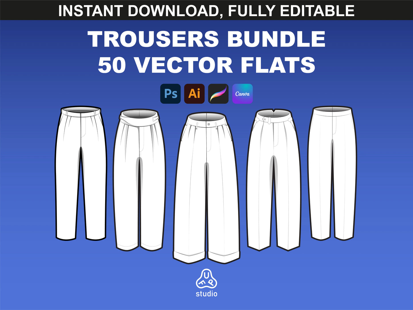 Preview of FUPstudio pants mockups bundle cover with 5 flat vector trousers templates
